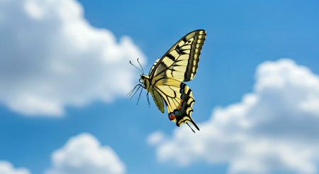 Butterfly Papilio machaon on blue sky backgroundの写真素材