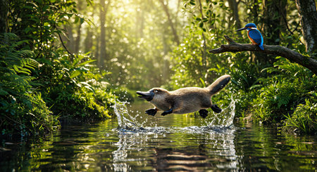 White-throated lemur (Hemidactylus leucogaster) jumping in the waterの写真素材