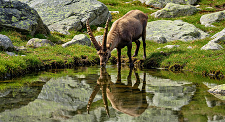 Alpine ibex (Capra ibex) drinking water in the mountainsの写真素材