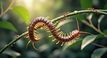Centipede on a green leaf in the rainforest of Thailand.の写真素材