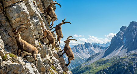 Alpine ibex (Capra ibex) on the top of a mountain, Dolomites, Italy