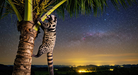 A lemur climbing on a palm tree in the night sky.