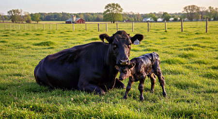 Calf and cow on a green meadow in the Netherlands.の写真素材