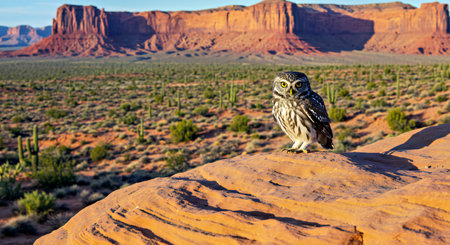Little owl sitting on a rock in Monument Valley, USAの写真素材
