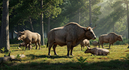 Group of buffalo in the meadow with sunlight in the morning.の写真素材