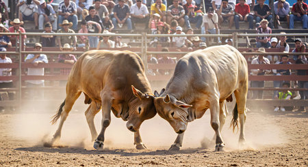 Bulls in the bull riding competition at a country rodeo.