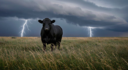 Black cow grazing in a meadow with stormy sky and lightning
