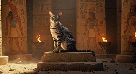 Bengal cat sitting on the background of the Egyptian hieroglyphsの写真素材