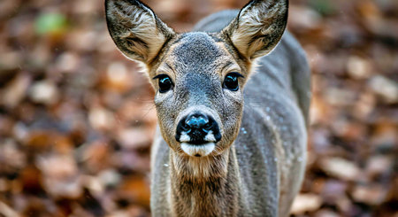 Portrait of a young deer in the autumn forest. Close-up.の写真素材