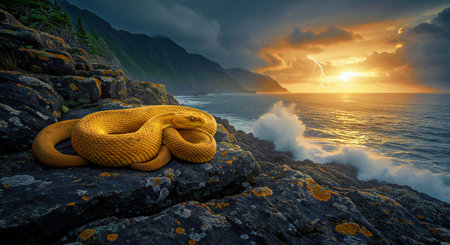 Yellow snake on a rock against the background of the sea at sunsetの写真素材