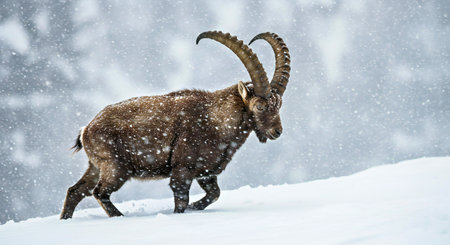 Barbary ibex (Capra ibex) in snowy landscapeの写真素材