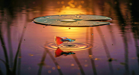 Betta splendens fish on the water surface with sunset background.