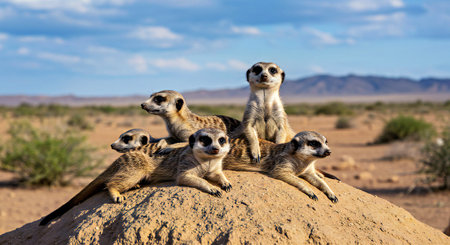 Group of meerkats sitting on the ground in Namib desertの写真素材