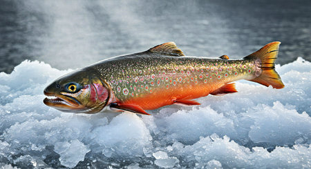 Rainbow trout caught on ice, close-up, horizontal viewの写真素材