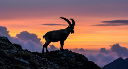 Alpine Ibex (Capra ibex) at sunset in the mountainsの写真素材