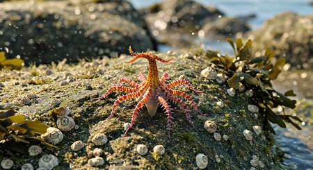 Close-up of a red starfish on a rock in the seaの写真素材