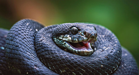 Close up of the head of a black snake in the rainforestの写真素材