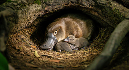 Mother platypus and her baby in the nest, Thailand.の写真素材