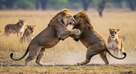 Lion and lioness fighting in the Okavango Delta, Botswana.の写真素材