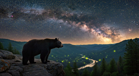 Night landscape with a bear and a milky way over the mountainsの写真素材