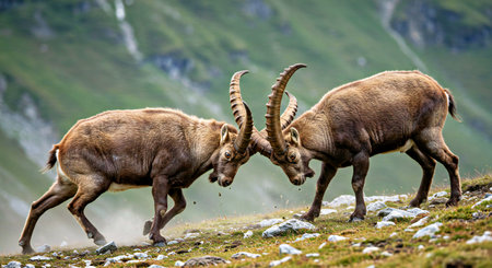 Two alpine ibex, Capra ibex, running in the mountainsの写真素材