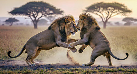 Lion and lioness fighting in the savannah of Serengeti National Park in Tanzaniaの写真素材