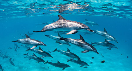 Dolphins swimming in the blue water of the Caribbean Sea, Cubaの写真素材