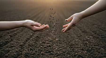 Close up of human hands reaching for each other with seeds flying out