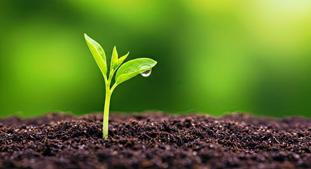 Green seedling illustrating concept of new life and growth in fertile soilの写真素材