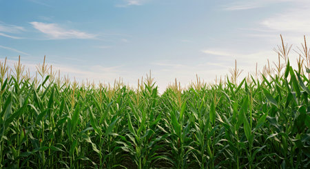 Corn field under blue sky with white clouds. 3D illustration.