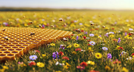 Honeycombs and bees on a green meadow with flowers