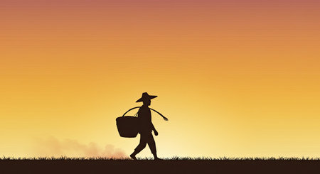 illustration of a farmer carrying a bag on his back at sunsetの写真素材
