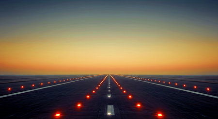 Empty airport runway with red lights at sunset. 3D rendering.の写真素材