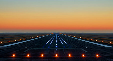 airport runway with lights at sunrise, 3d render and illustrationの写真素材