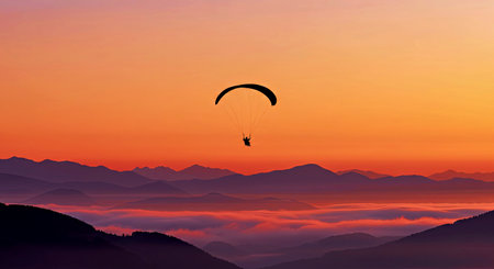 Paraglider flying in the sky over the mountains at sunsetの写真素材