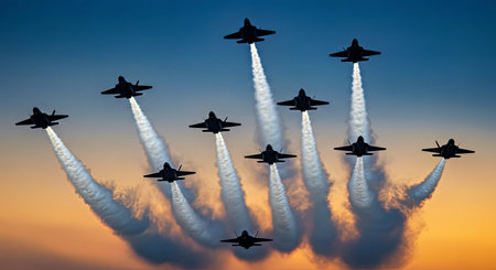 Fighter jets flying in the sky at sunset. 3D rendering