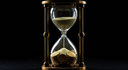 Time is money concept. Hourglass with coins on black background.