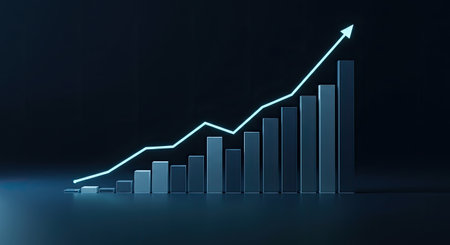 3d rendering of growing graph on dark background with blue neon lightの写真素材