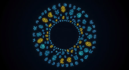 Circle of dollar signs on a dark background. Vector illustration.の写真素材