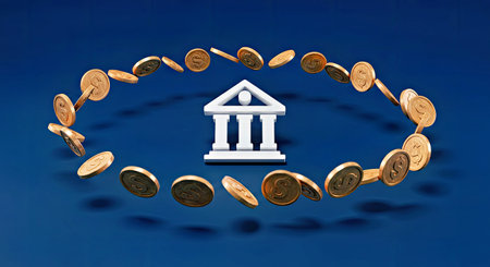 Conceptual image of bank with golden coins on blue background.の写真素材