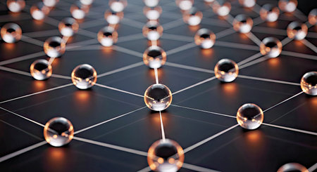 Abstract 3d rendering of spheres and grid. Futuristic background.
