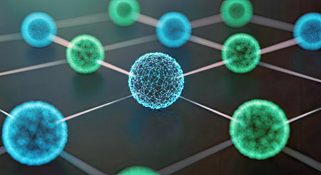 3d illustration of a network of blue and green spheres connected to each otherの写真素材