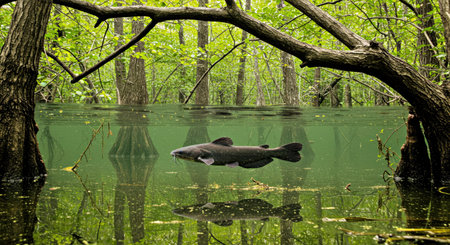 A catfish swimming in a pond surrounded by trees and grass.の写真素材