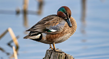 Northern pintail, Anas crecca, single male on branch, Warwickshireの写真素材