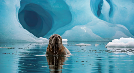 Sea Lion swimming in Glacier Lagoon, Antarctic Peninsula, Antarctica.の写真素材
