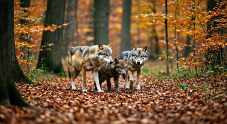 Three wolves in the autumn forest. Canis lupus lupus