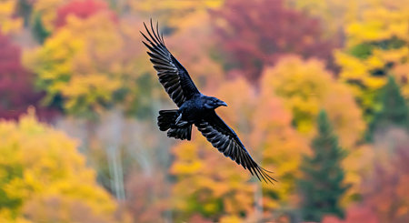 Raven (Corvus corax) flying in the autumn forestの写真素材