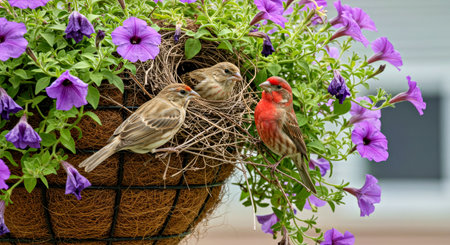 A pair of red-breasted housefinch in a flowerpotの写真素材