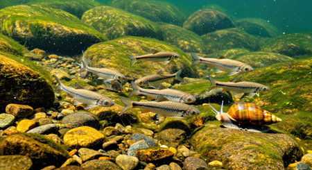 A group of fish on the bottom of a lake in the wildの写真素材