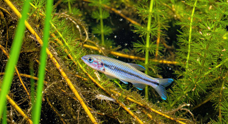 Blue tetra fish in a freshwater aquarium with green plants and algae